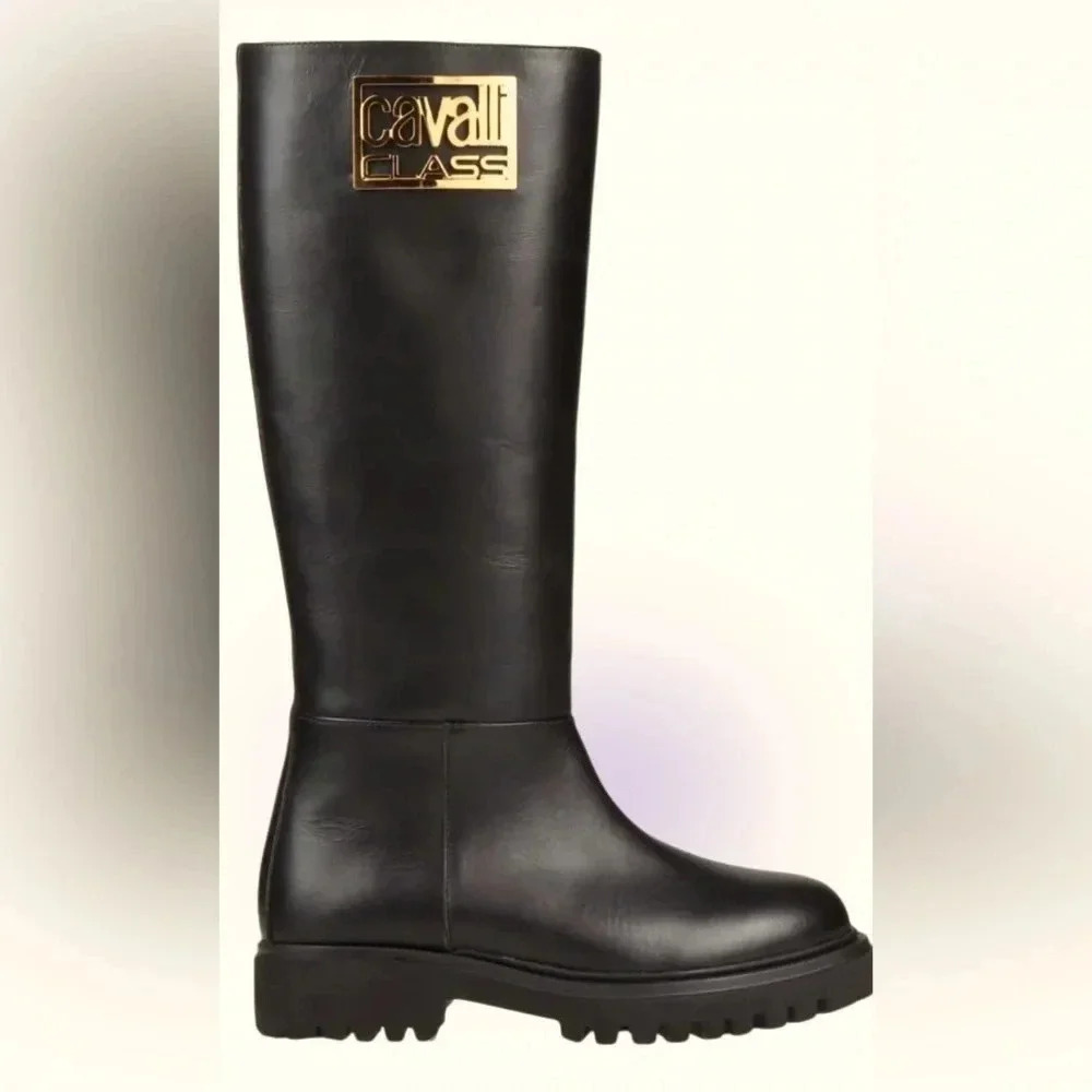 Cavalli Class Black  Knee high Calf skin Leather Combat Boots Sz 8